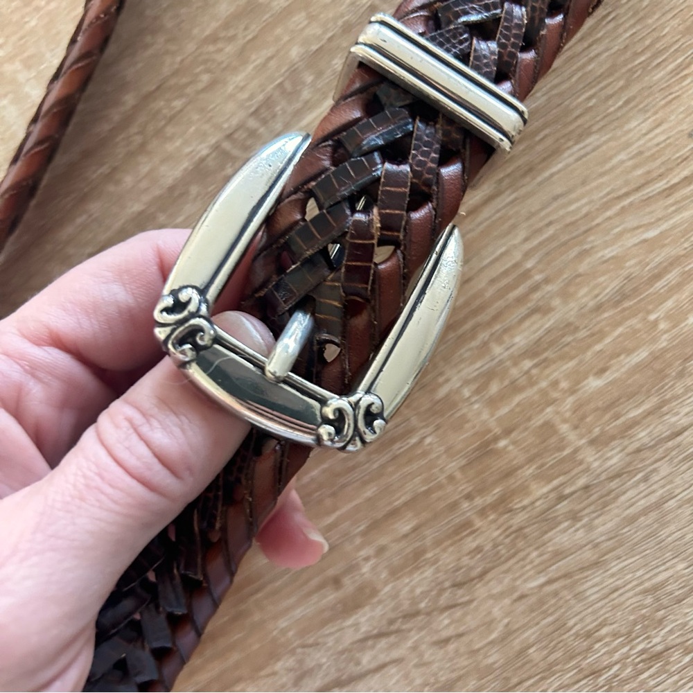 Vintage Woven vertebrae silver brass women’s Brown real Leather Belt L - Picture 7 of 11